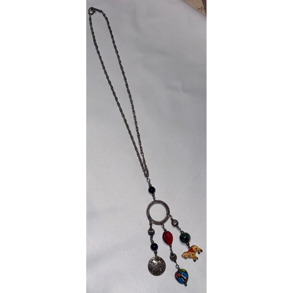 Vintage Boho Silver Tone Long Necklace Zebra Coin Glass Bead Pendant 18in Drop